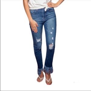 Free People Distressed Long Frayed Hem Skinny Denim Jeans Size 26 Fringe